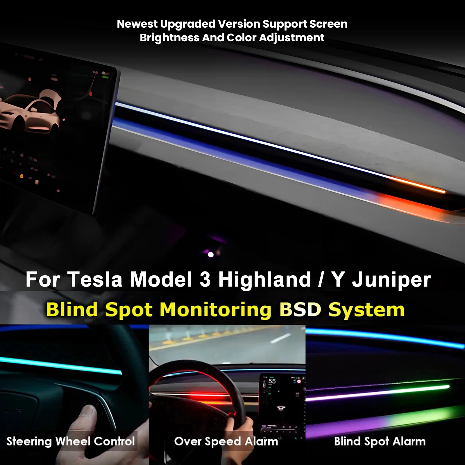 Nieuwste upgrade voor Tesla Model Y Juniper Model 3. Highland Air Vent BSD-systeem Dodehoekspotsbewaking LED-omgevingslicht instelbaar