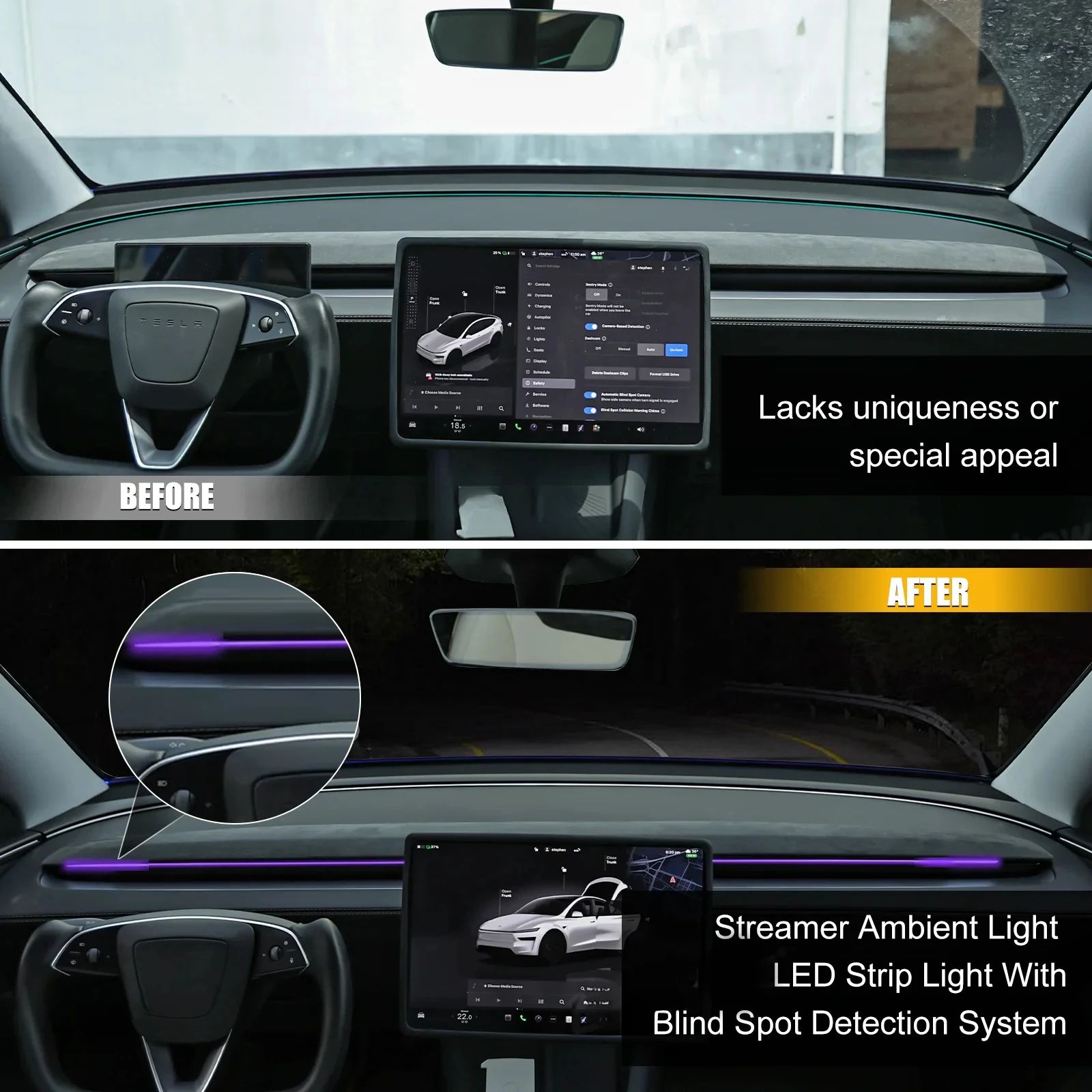 Nieuwste upgrade voor Tesla Model Y Juniper Model 3. Highland Air Vent BSD-systeem Dodehoekspotsbewaking LED-omgevingslicht instelbaar - Afbeelding 2