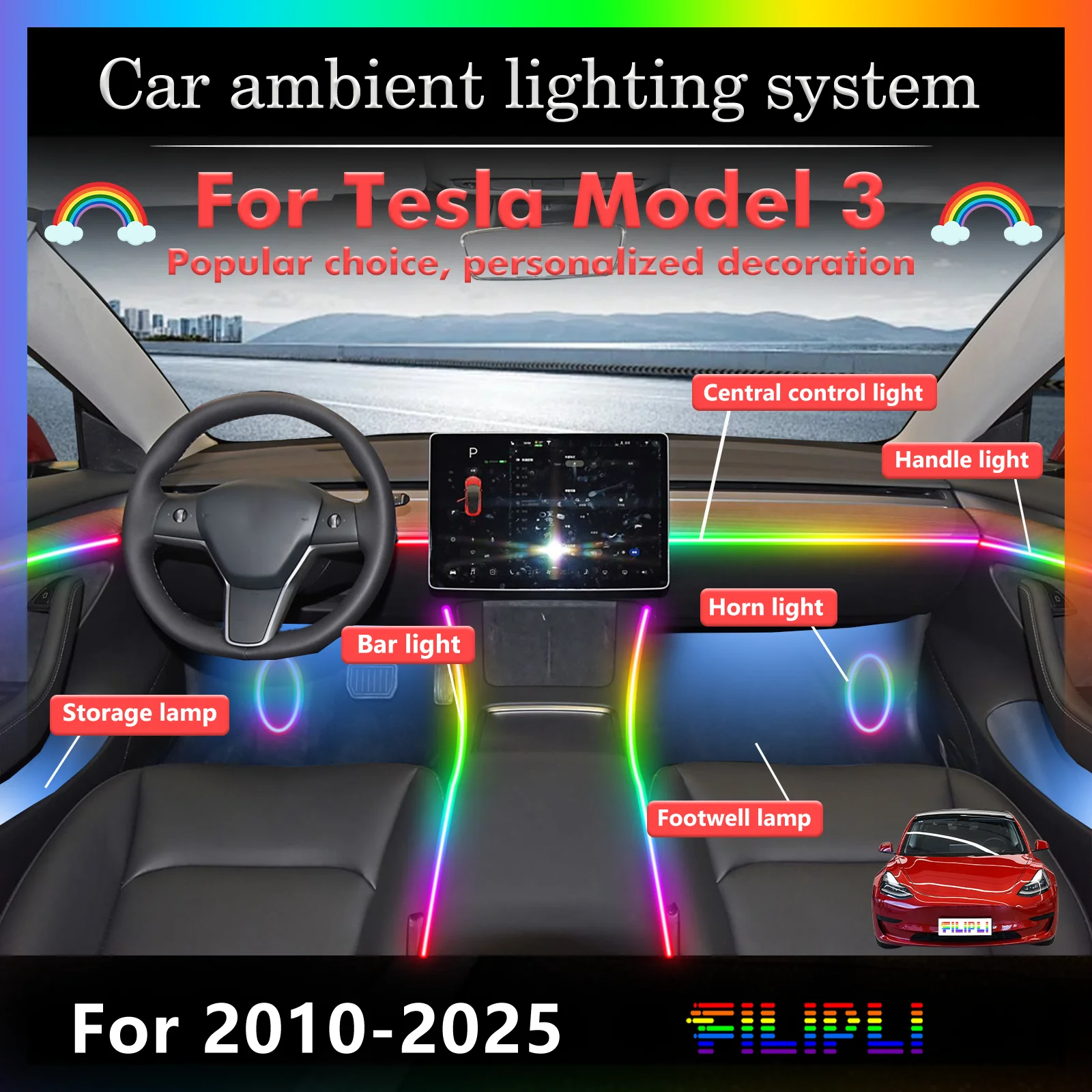 Voor Tesla Model 3 Slimme afstandsbediening Auto-interieur Omgevingslicht RGB 64 kleuren LED Energiebesparende efficiënte lampkit
